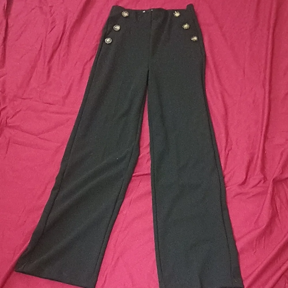 BBJ LA Black Wide-Leg Woman Pants Size S Professional Buttons Stretchy Slimming